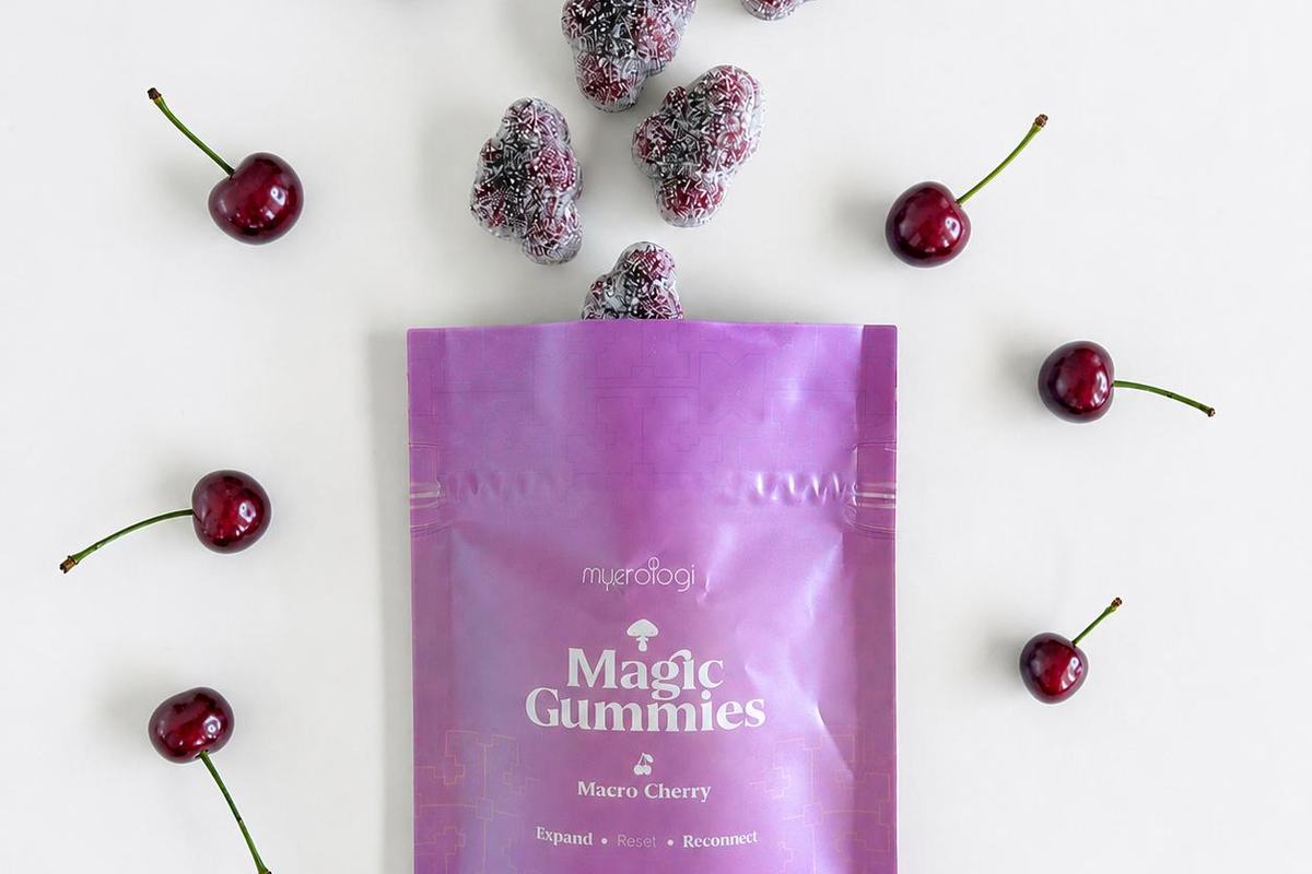 Mycrologi Macro Magic Gummies pouch with fresh cherries
